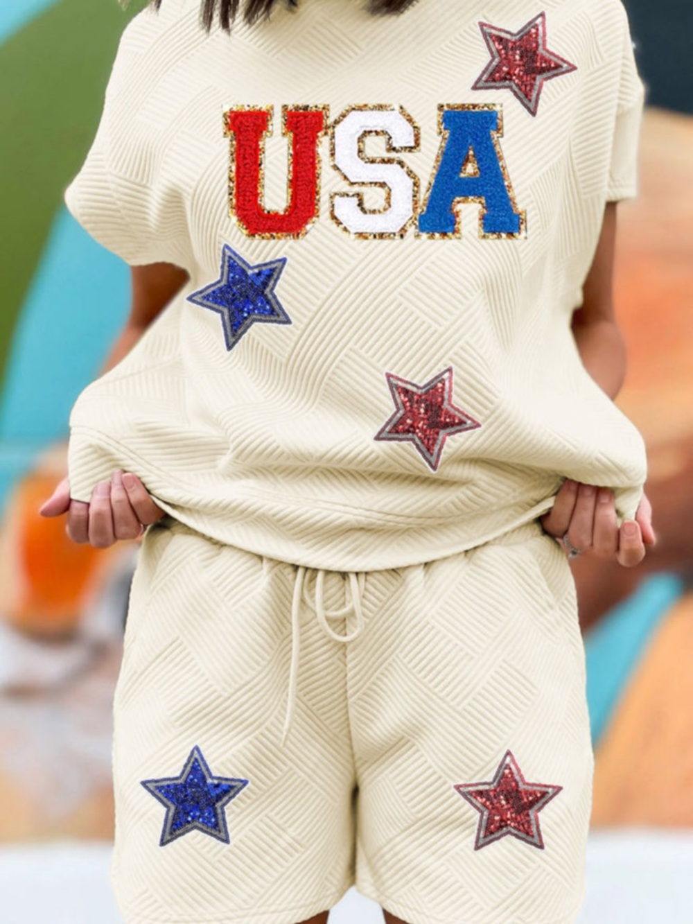 S3-Cream Embellished USA Patch Knit Short Set